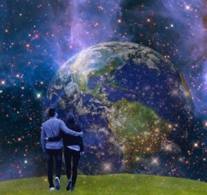 Couple looking at earth from another planet